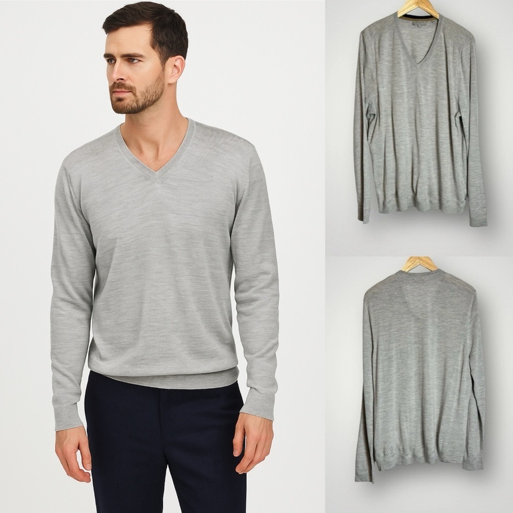 Ted Baker 100% Merino Wool V Neck Sweater Size 3XL Long Sleeve Pullover Gray